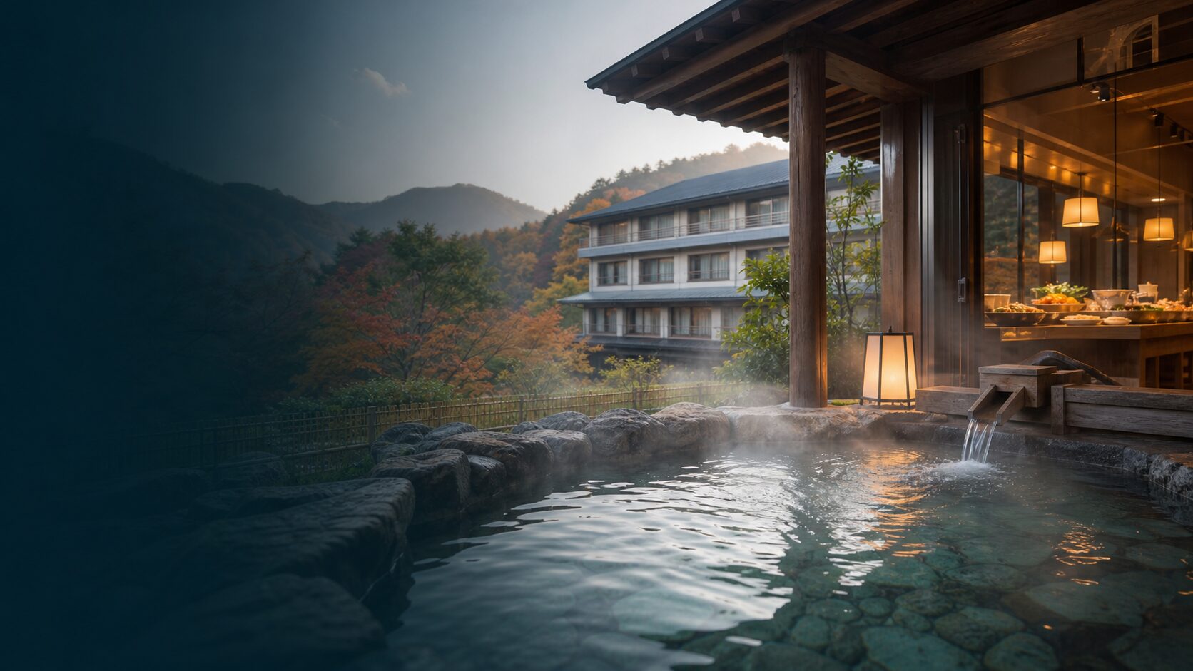 温泉宿の外観と湯けむりのイメージ