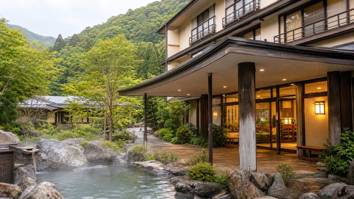 尾瀬老神山楽荘レビュー向けの山あいの温泉宿をイメージしたアイキャッチ画像