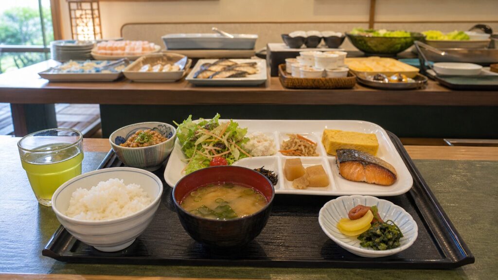 焼き魚やご飯、味噌汁が並ぶ温泉宿の朝食の生成イメージ