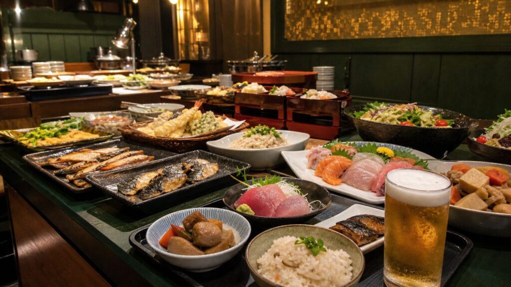 和食料理とビールが並ぶ温泉宿の夕食バイキングの生成イメージ