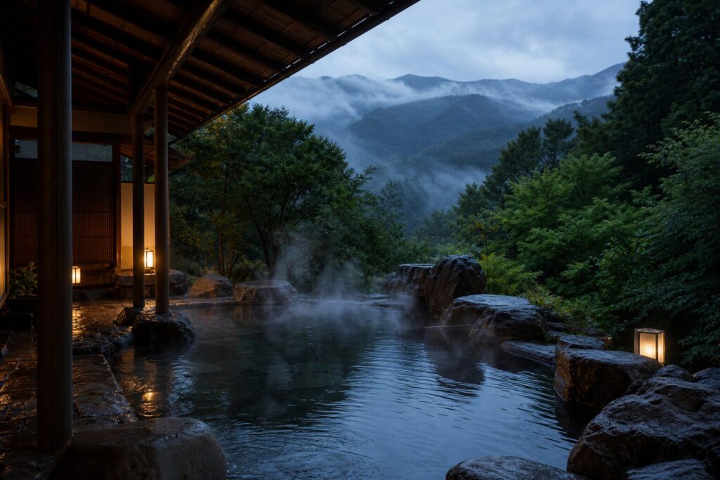 山あいの温泉宿で露天風呂を楽しむ旅の生成イメージ