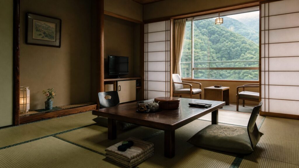 山の景色が見える温泉宿の和室の生成イメージ